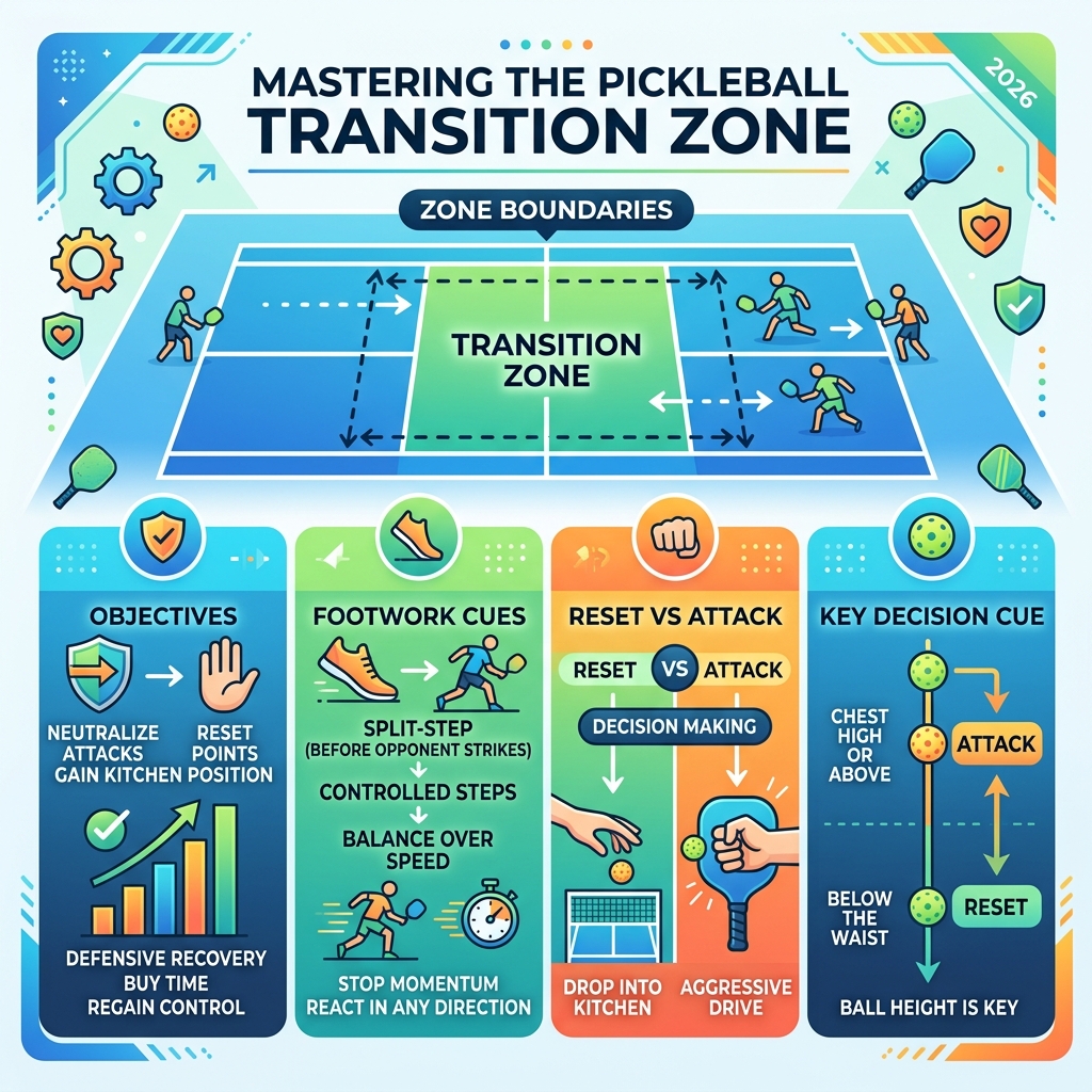 Transition zone boundaries, objectives, reset vs attack decisions, and footwork cues - advanced pickleball transition shots Transition zone boundaries, objectives, reset vs attack decisions, and footwork cues - advanced pickleball transition shots