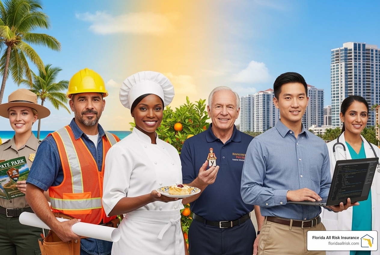 A diverse group of Florida workers, including a contractor, a chef, and an IT professional, representing various industries - business insurance florida