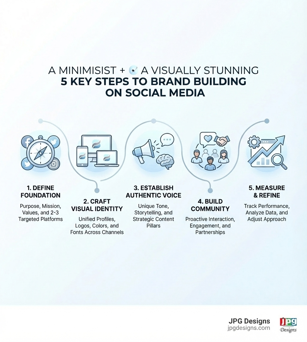 infographic showing the 5 key steps to brand building on social media: 1. Define your foundation with purpose and platform selection, 2. Craft consistent visual identity across profiles, 3. Establish authentic voice and content strategy, 4. Build community through engagement and partnerships, 5. Measure performance and refine approach - brand building on social media infographic 