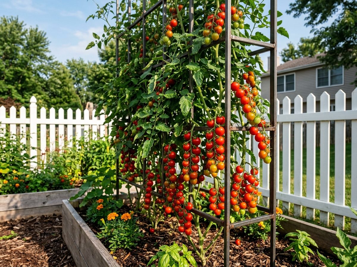 Vibrant cherry tomatoes growing vertically on a sturdy metal trellis in a sunny backyard - vertical garden ideas outdoor