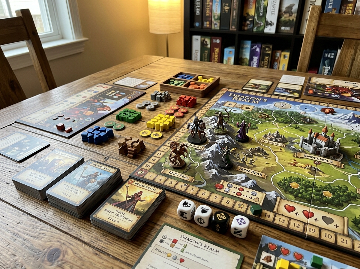 strategy game box components showing cards tokens and boards - strategy game expansion packs