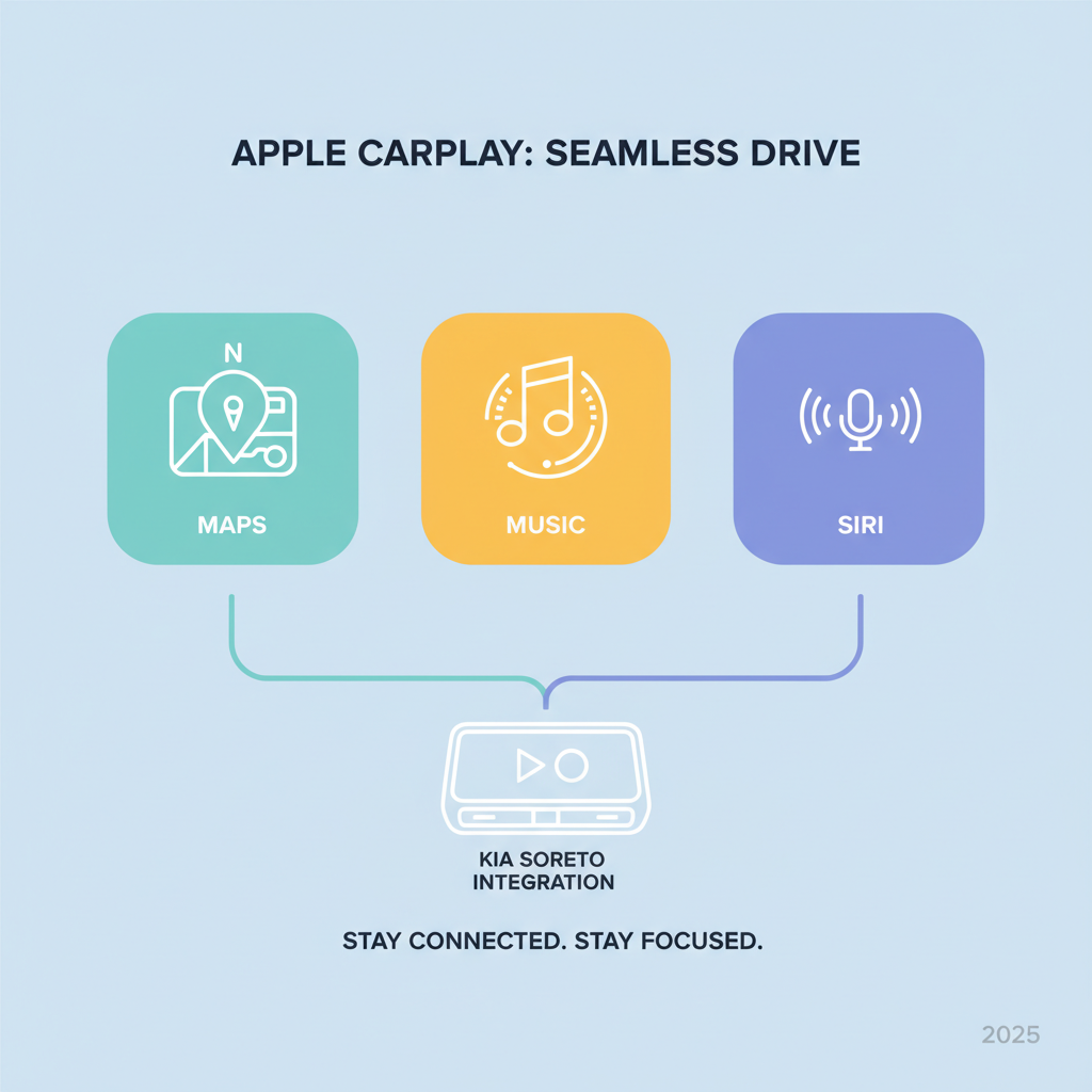 Infographic explaining the main features of Apple CarPlay like Maps, Music, and Siri - Kia Sorento CarPlay infographic 