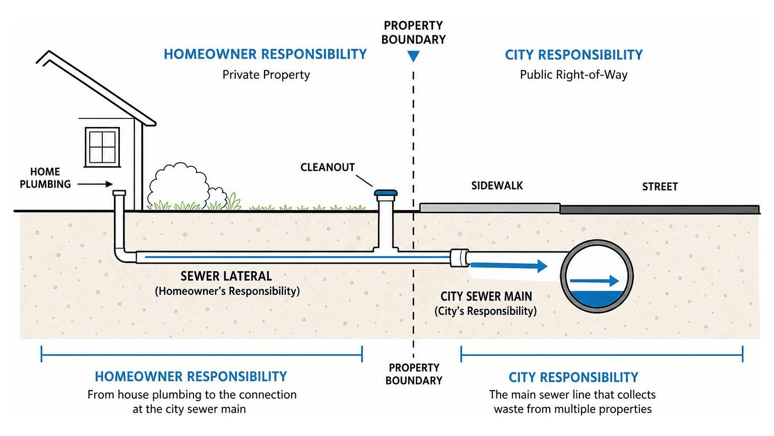 Diagram showing property boundaries and sewer lateral responsibility between homeowner and city Diagram showing property boundaries and sewer lateral responsibility between homeowner and city