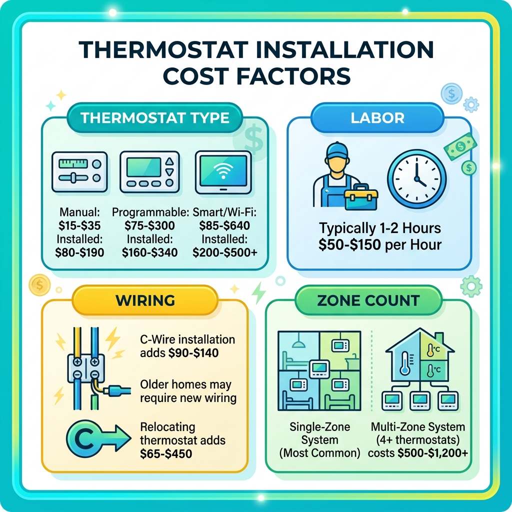 Infographic showing thermostat installation cost factors including thermostat type, labor, wiring, and zone count Infographic showing thermostat installation cost factors including thermostat type, labor, wiring, and zone count