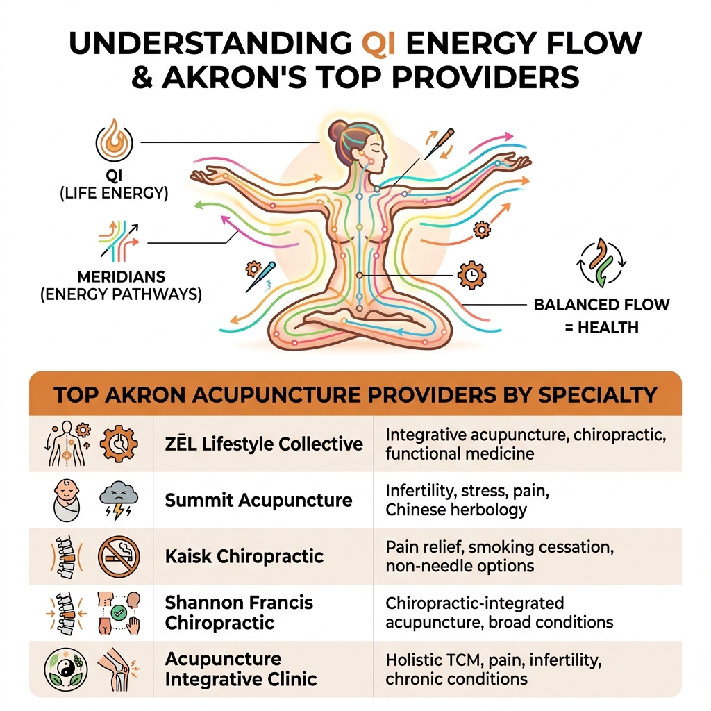 Infographic showing Qi energy flow through body meridians and top Akron acupuncture providers by specialty - akron