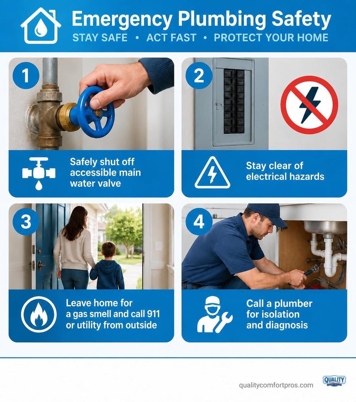 emergency plumbing safety infographic showing shutoff, electrical safety, gas odor evacuation, and plumber diagnosis