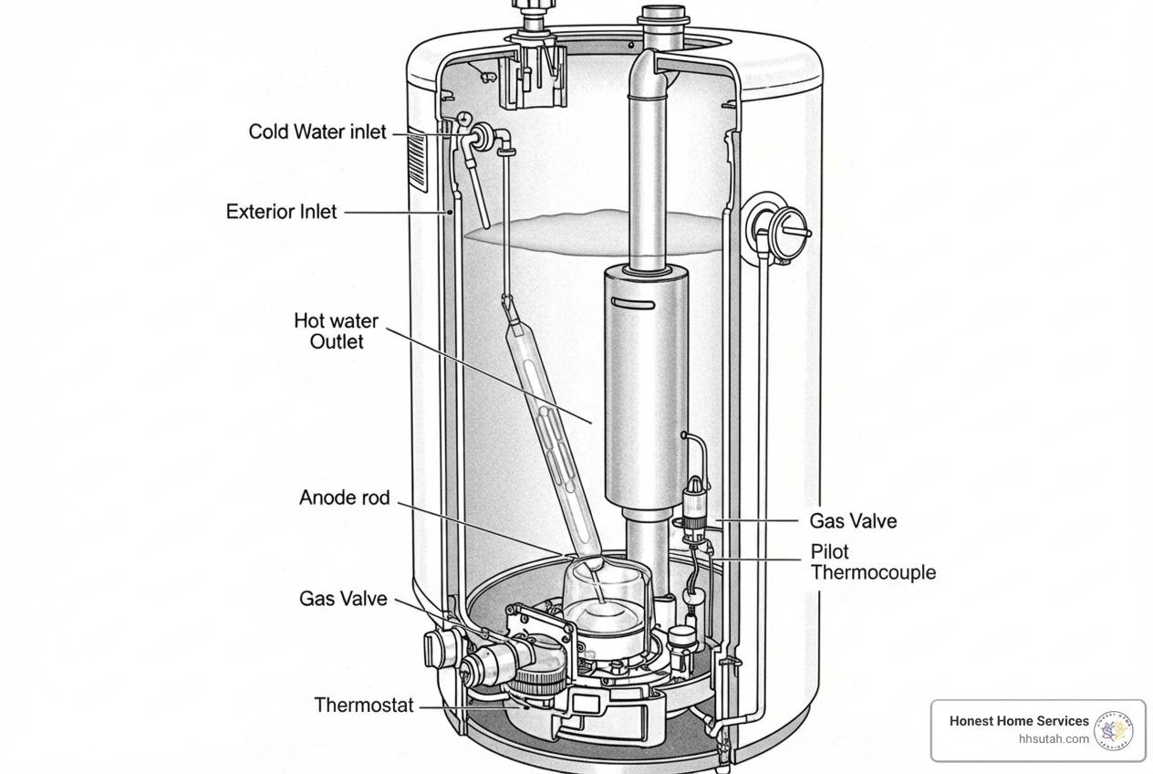 cutaway diagram of a gas water heater with key components labeled - gas water heater service cutaway diagram of a gas water heater with key components labeled - gas water heater service