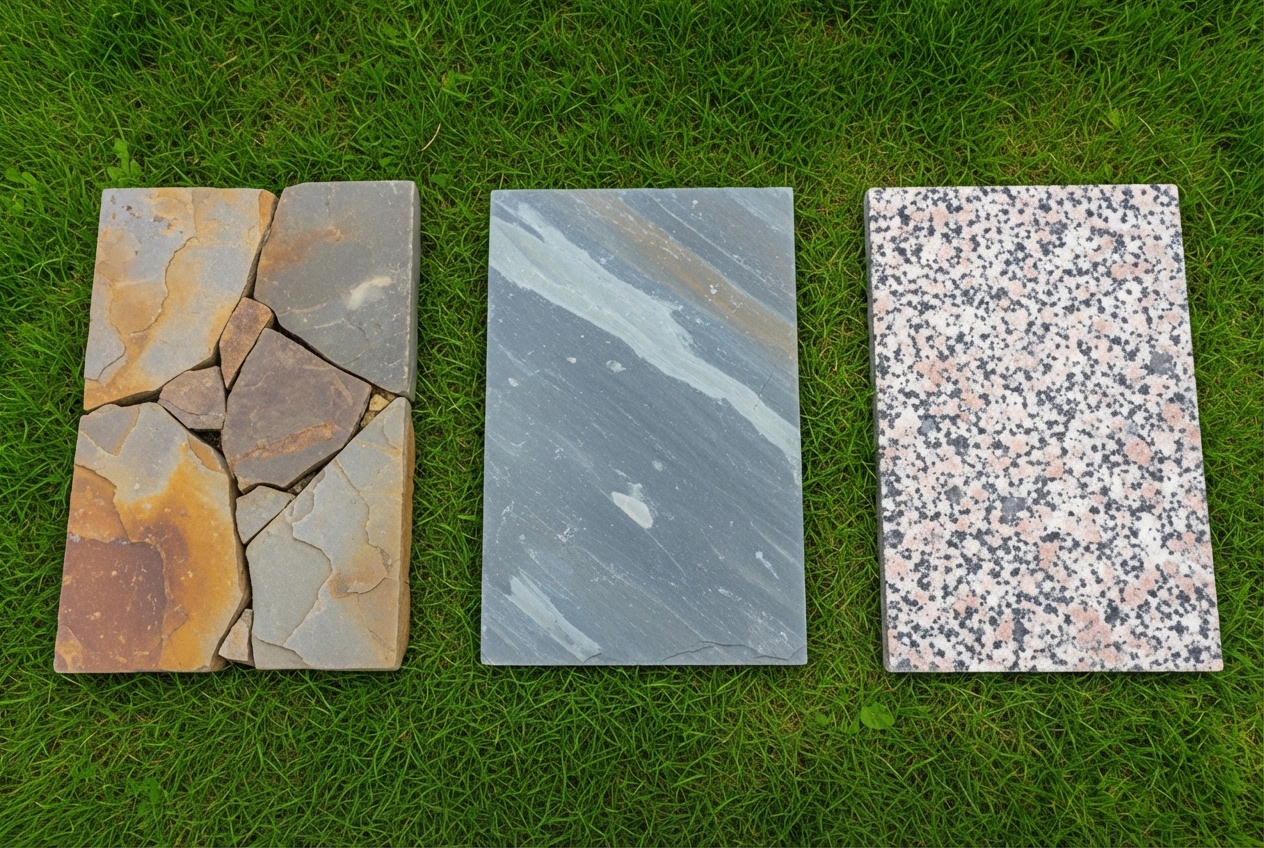 various types of stones suitable for walkways, like flagstone, bluestone, and granite, laid out on grass for comparison. - build a stone walkway