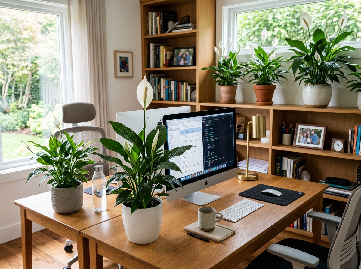 peace lilies in a home office setting - peace lily purifies air peace lilies in a home office setting - peace lily purifies air