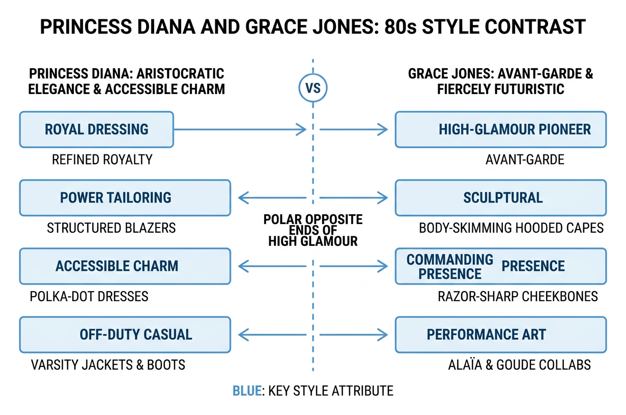 Princess Diana and Grace Jones style contrast