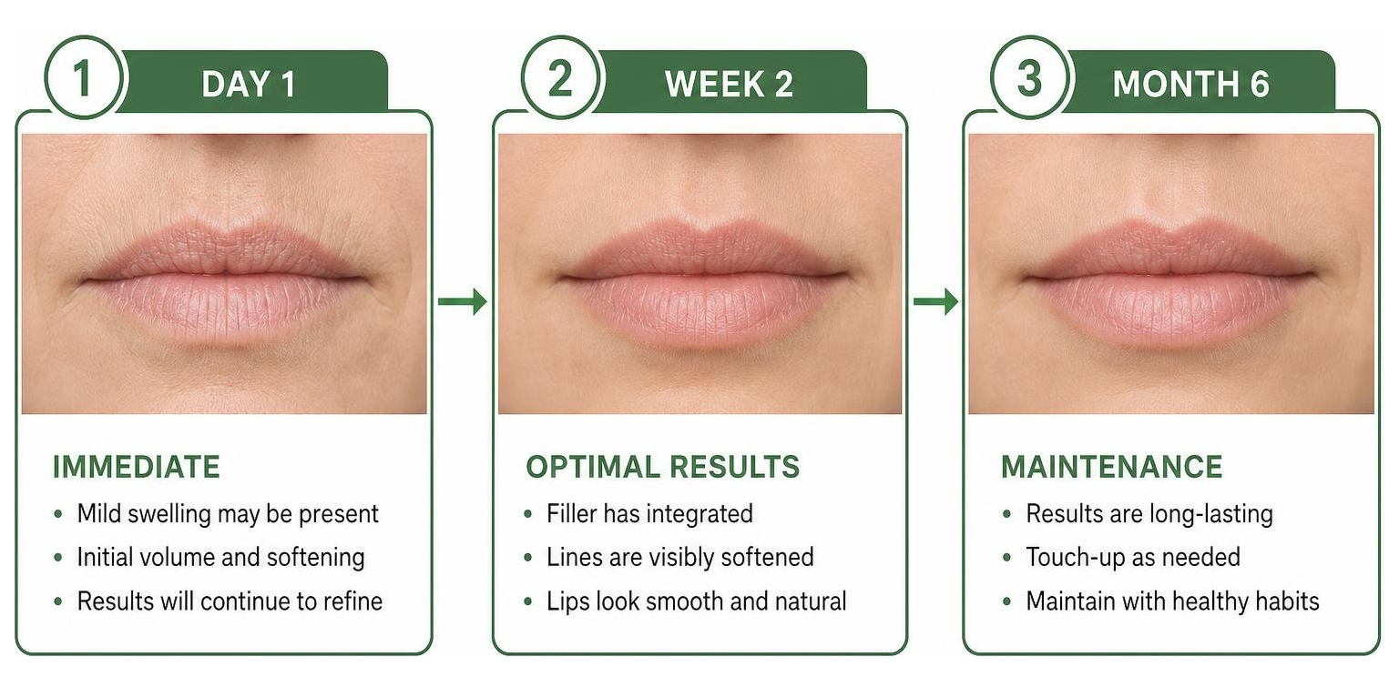 Visual timeline of the 3-stage perioral rejuvenation process: Day 1, Week 2, and Month 6 maintenance Visual timeline of the 3-stage perioral rejuvenation process: Day 1, Week 2, and Month 6 maintenance