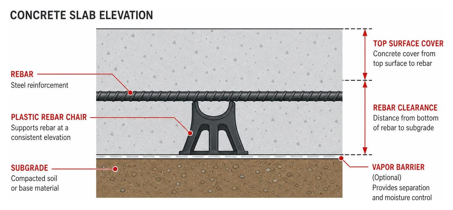 Diagram of concrete slab elevation illustrating subgrade, plastic rebar chair positioning, rebar clearance, and top surface