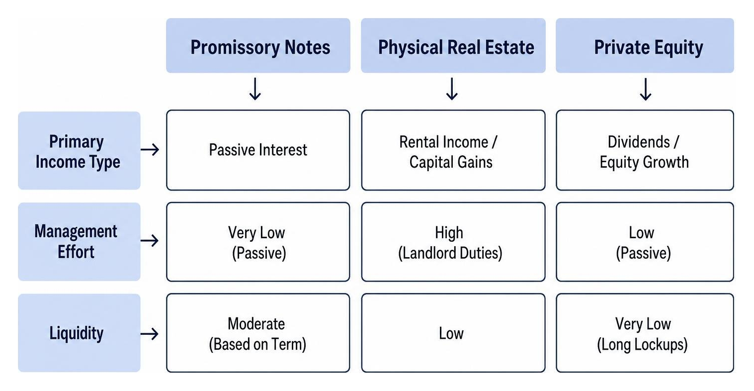 Process diagram: Comparing Promissory Notes, Physical Real Estate, and Private Equity in a Self-Directed IRA Process diagram: Comparing Promissory Notes, Physical Real Estate, and Private Equity in a Self-Directed IRA