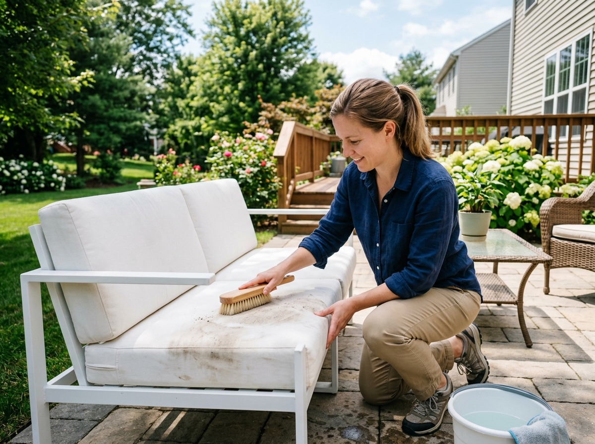 Person using a soft brush to clean canvas fabric - non toxic canvas cleaner Person using a soft brush to clean canvas fabric - non toxic canvas cleaner