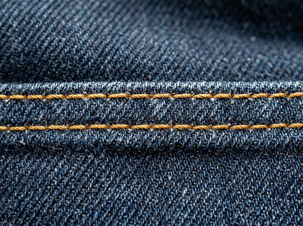 Close up of heavy duty denim fabric showing tight weave and double stitching - denim chew resistant toy