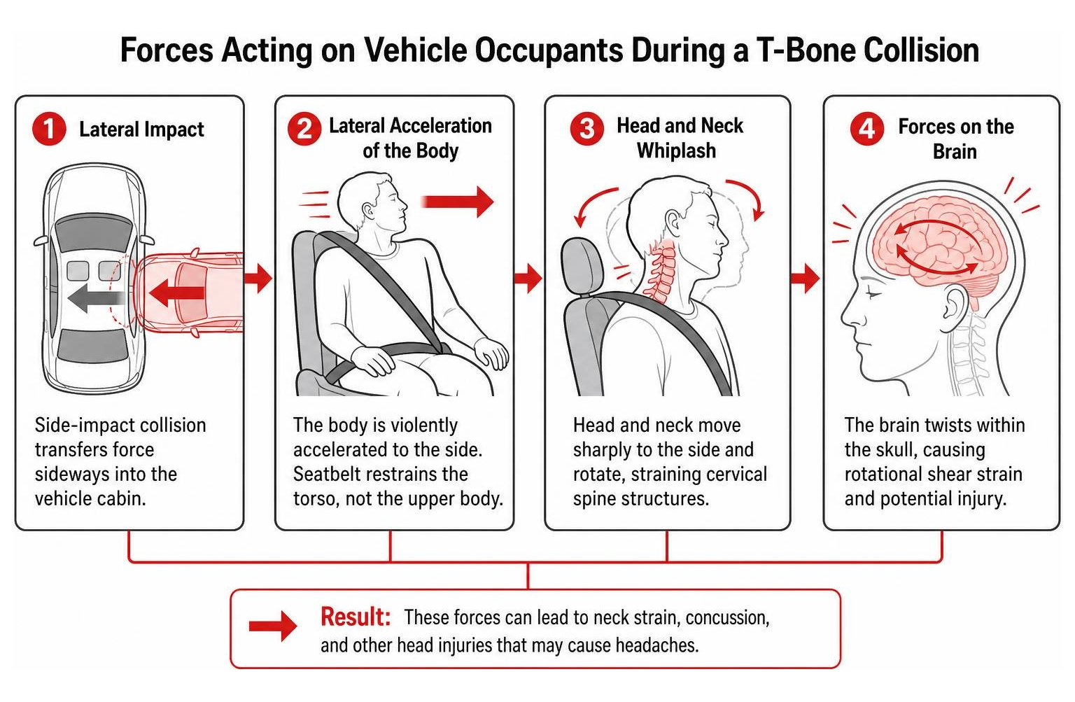 Forces acting on vehicle occupants during a T-bone collision Forces acting on vehicle occupants during a T-bone collision