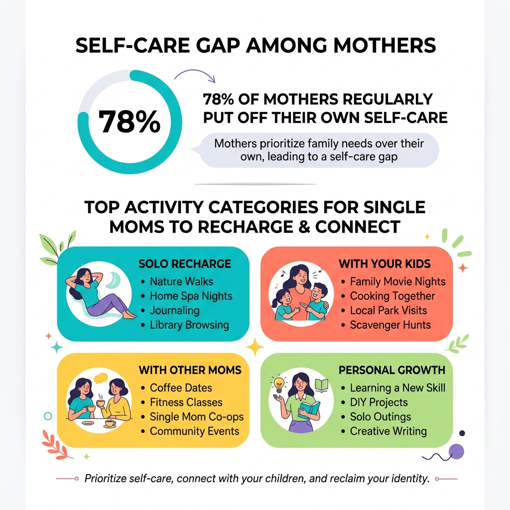 Infographic showing 78% self-care gap among mothers and top activity categories for single moms - things to do as a single