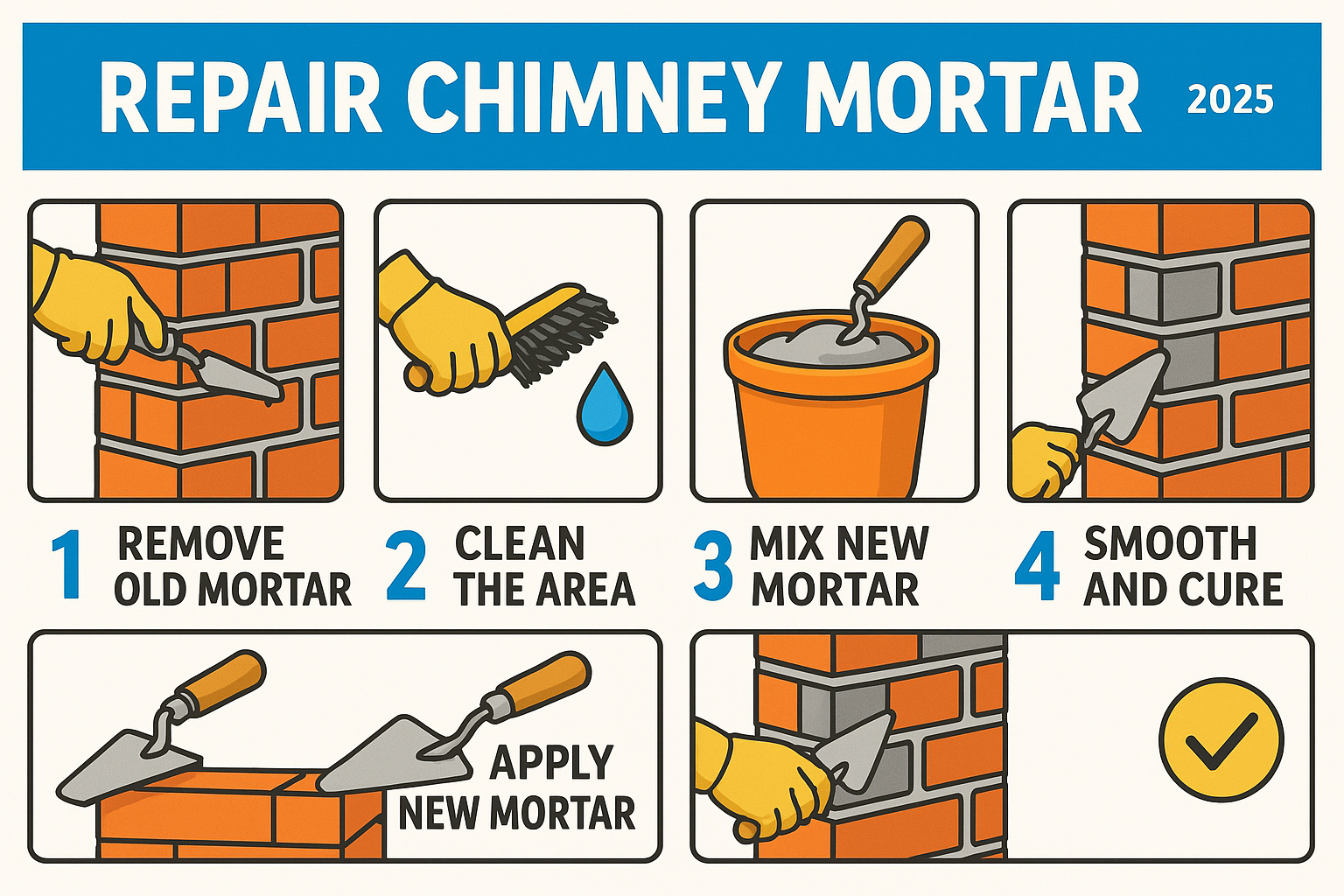 Infographic explaining the process of chimney mortar repair, including removing old mortar, cleaning, mixing new mortar, applying, and tooling - repair chimney mortar infographic 