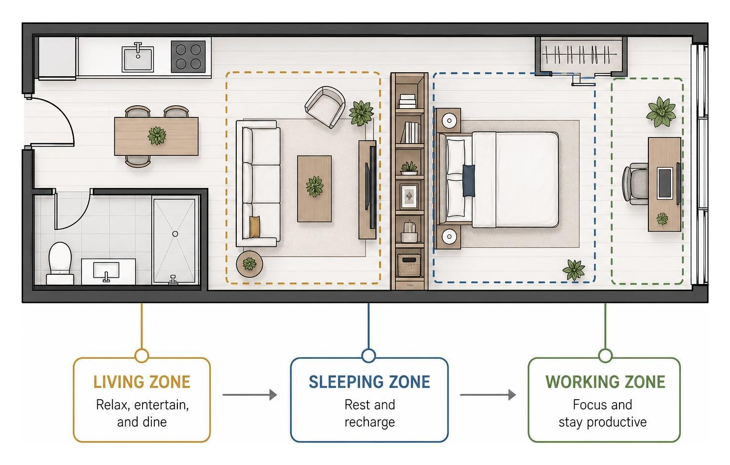diagram of zoning a studio apartment into sleeping living and working zones
