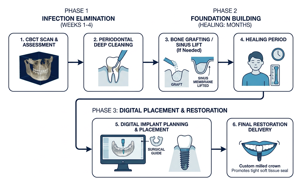 Workflow diagram of the phased implant protocol from deep cleaning to final restoration delivery