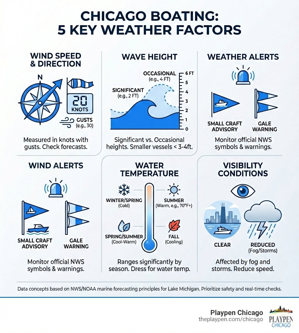 Infographic showing 5 key weather factors for Chicago boaters: Wind Speed and Direction measured in knots with gusts, Wave Height showing significant and occasional heights, Weather Alerts including Small Craft Advisory and Gale Warning symbols, Water Temperature ranges by season, and Visibility conditions affected by fog and storms - Chicago boating conditions infographic Infographic showing 5 key weather factors for Chicago boaters: Wind Speed and Direction measured in knots with gusts, Wave Height showing significant and occasional heights, Weather Alerts including Small Craft Advisory and Gale Warning symbols, Water Temperature ranges by season, and Visibility conditions affected by fog and storms - Chicago boating conditions infographic