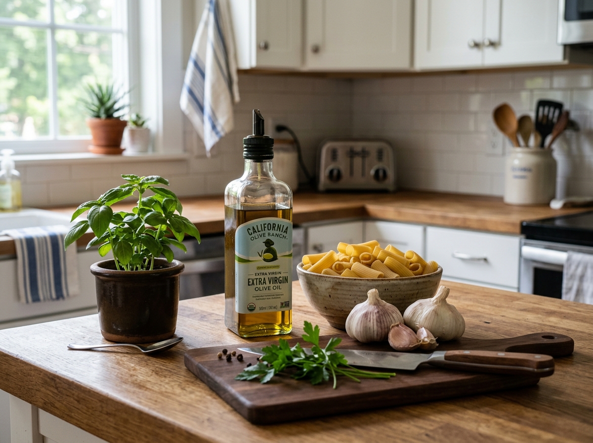 Kitchen counter with simple ingredients like pasta, garlic, and olive oil - easiest food to make at home