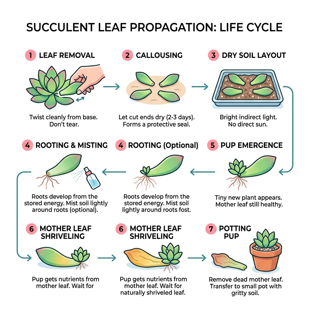 Step-by-step succulent leaf propagation lifecycle infographic from leaf removal to potted pup - succulent leaf propagation Step-by-step succulent leaf propagation lifecycle infographic from leaf removal to potted pup - succulent leaf propagation
