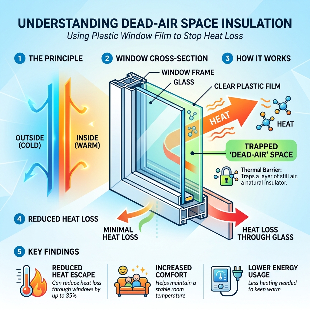 Infographic showing dead-air space insulation principle with plastic window film - plastic window covering infographic Infographic showing dead-air space insulation principle with plastic window film - plastic window covering infographic