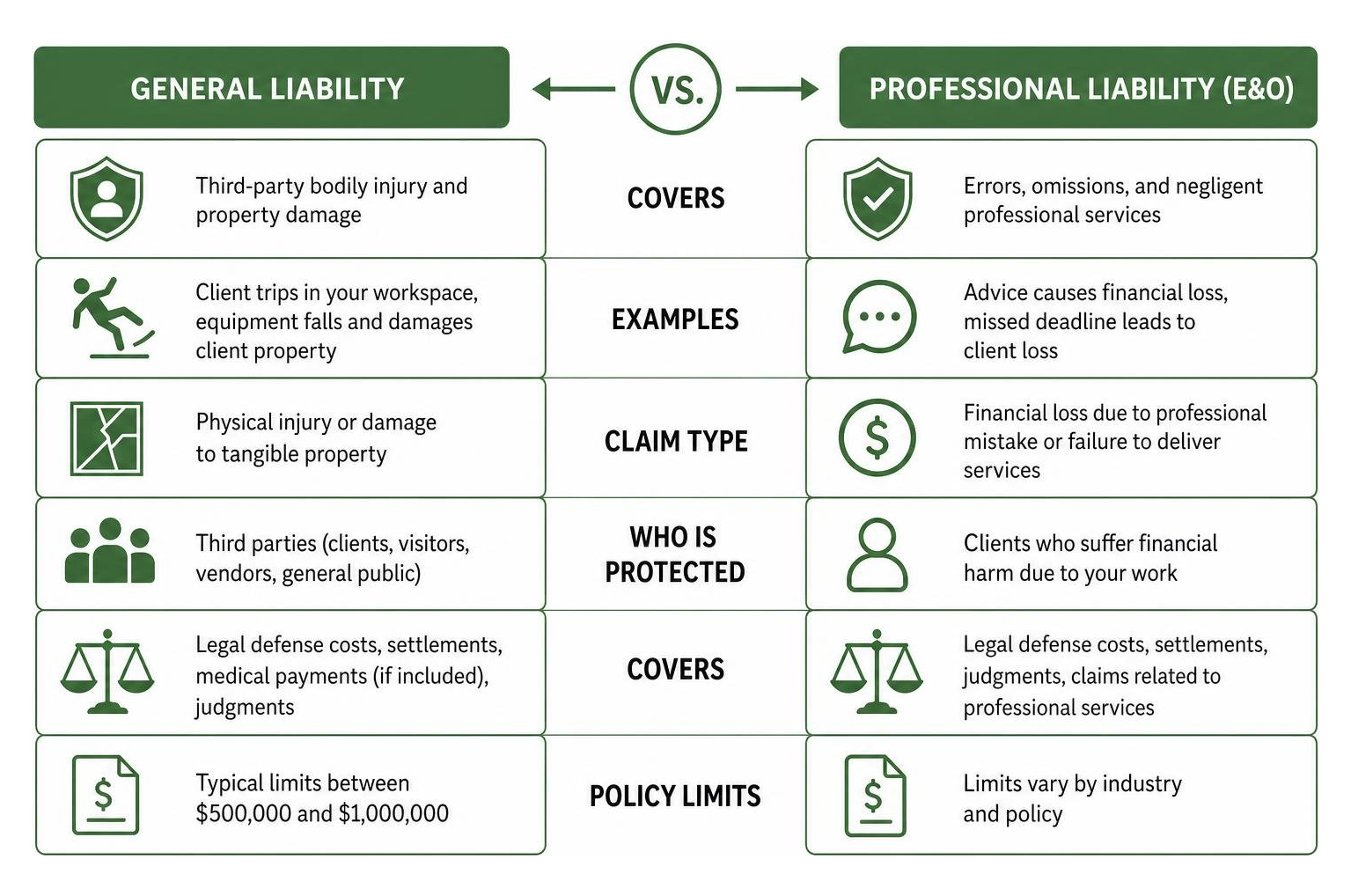 Diagram comparing physical general liability claims vs professional advice claims