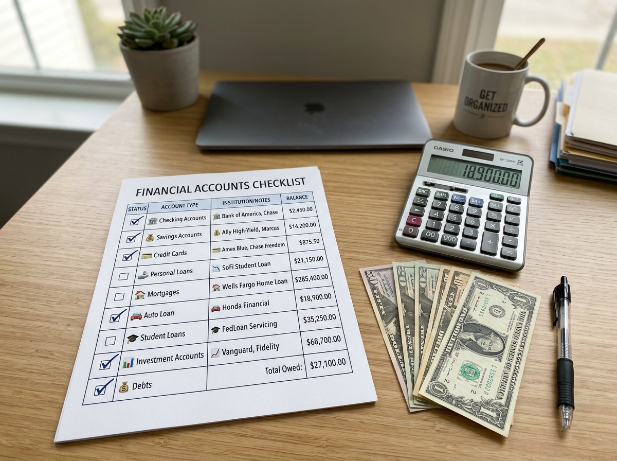 checklist of financial accounts to organize including bank and debt - best way to organize personal finances