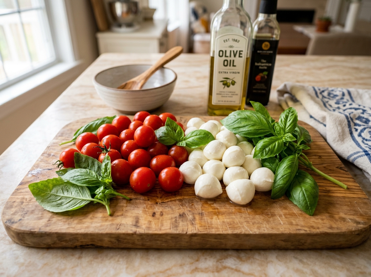 Fresh cherry tomatoes, mozzarella pearls, and basil leaves ready for assembly - caprese skewers with balsamic drizzle