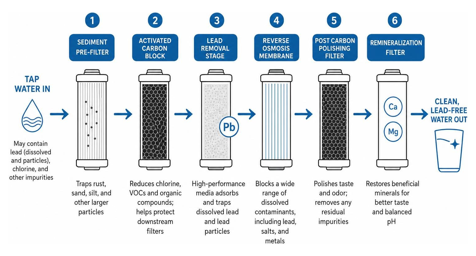 Multi-stage filtration process including lead removal and remineralization Multi-stage filtration process including lead removal and remineralization