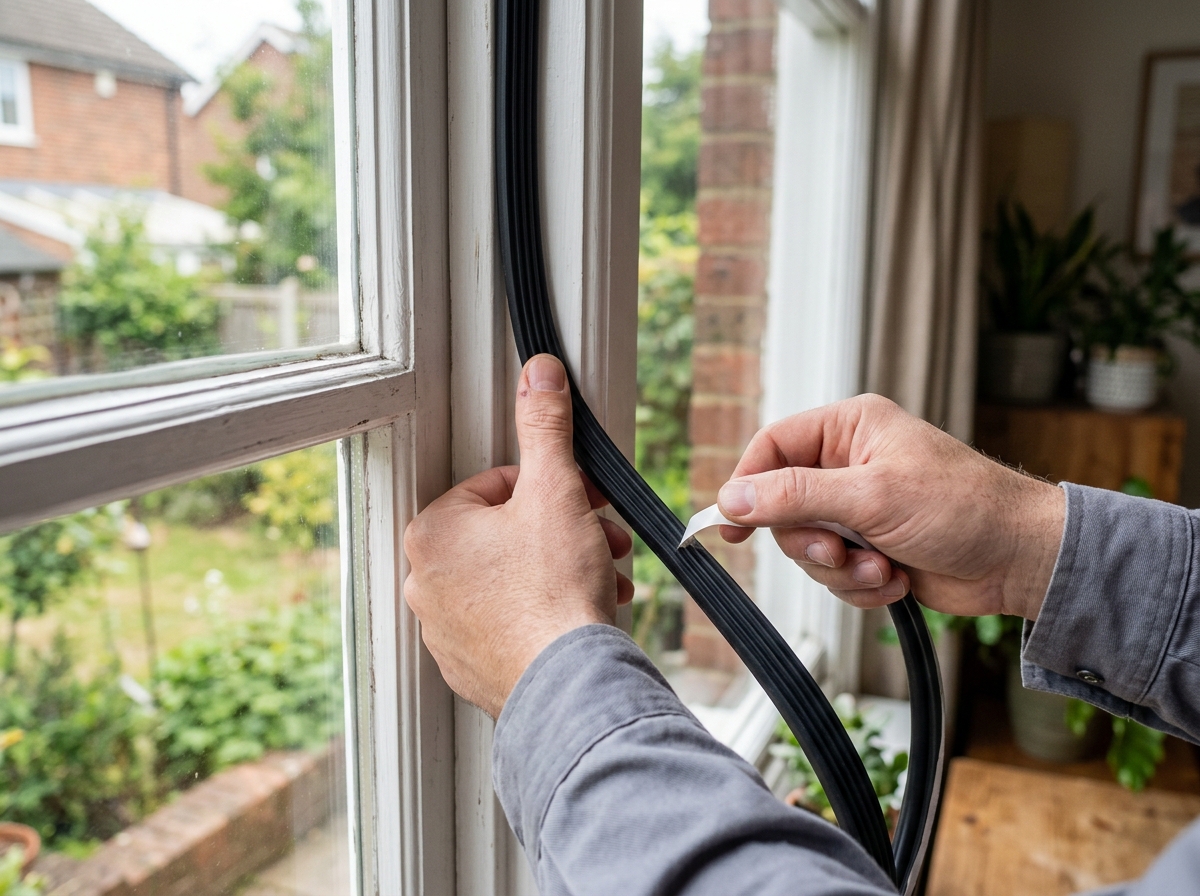 A close-up of weatherstripping being applied to a window frame - soundproof diy for a room A close-up of weatherstripping being applied to a window frame - soundproof diy for a room