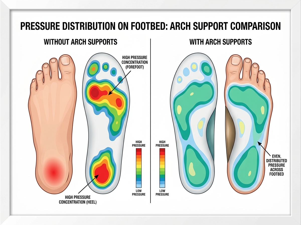 diagram showing pressure distribution on a footbed before and after using arch supports - arch support pads for shoes