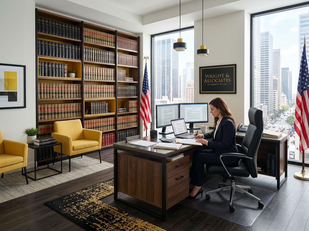 Modern law office interior, black and yellow - legal representation