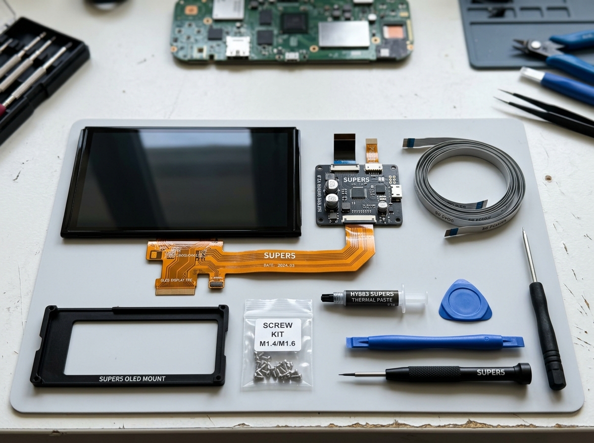 SUPER5 OLED kit components showing screen and ribbon cables - NES OLED screen mod tutorial SUPER5 OLED kit components showing screen and ribbon cables - NES OLED screen mod tutorial