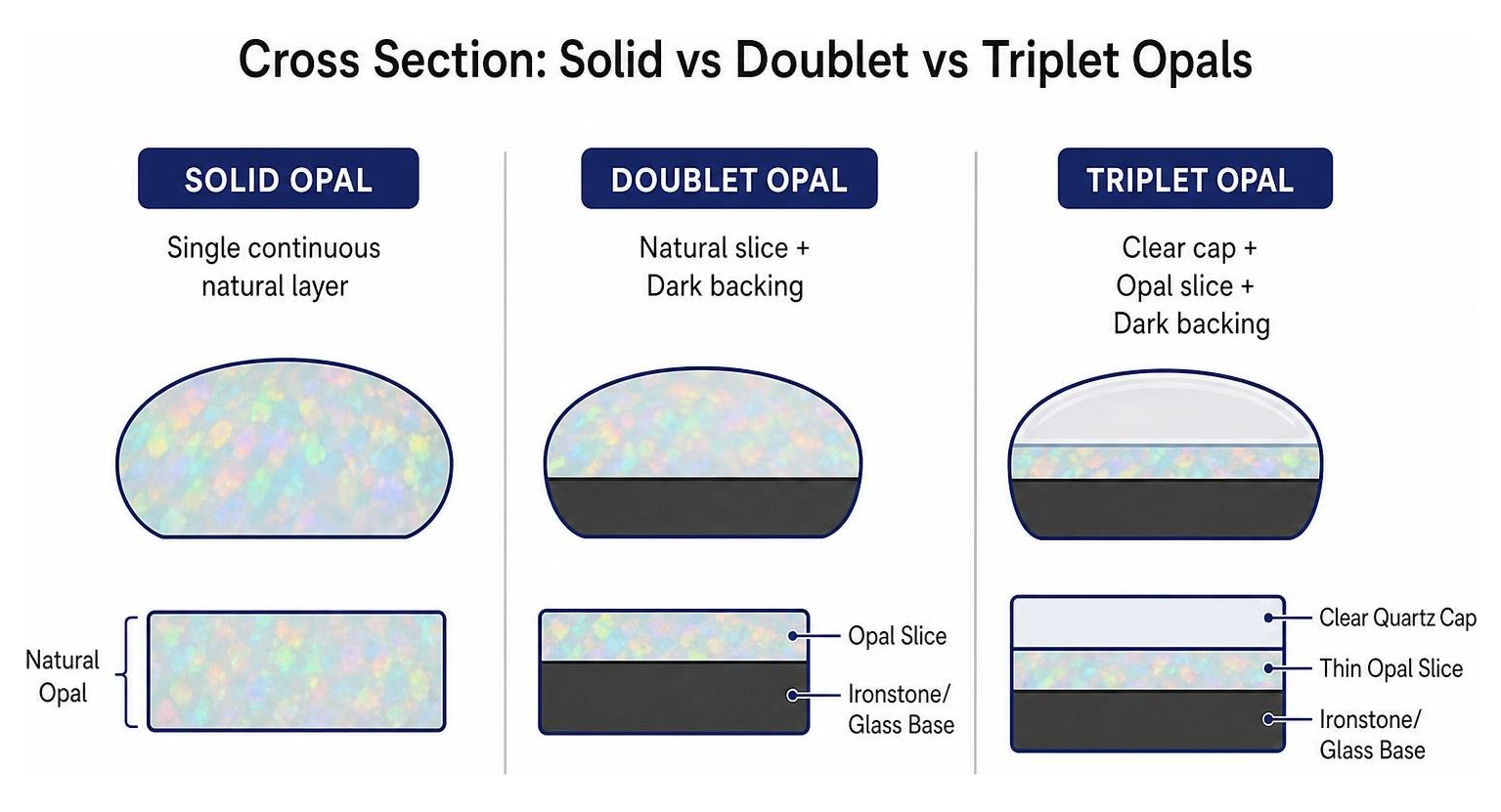 Cross section diagram of solid vs doublet vs triplet opals Cross section diagram of solid vs doublet vs triplet opals