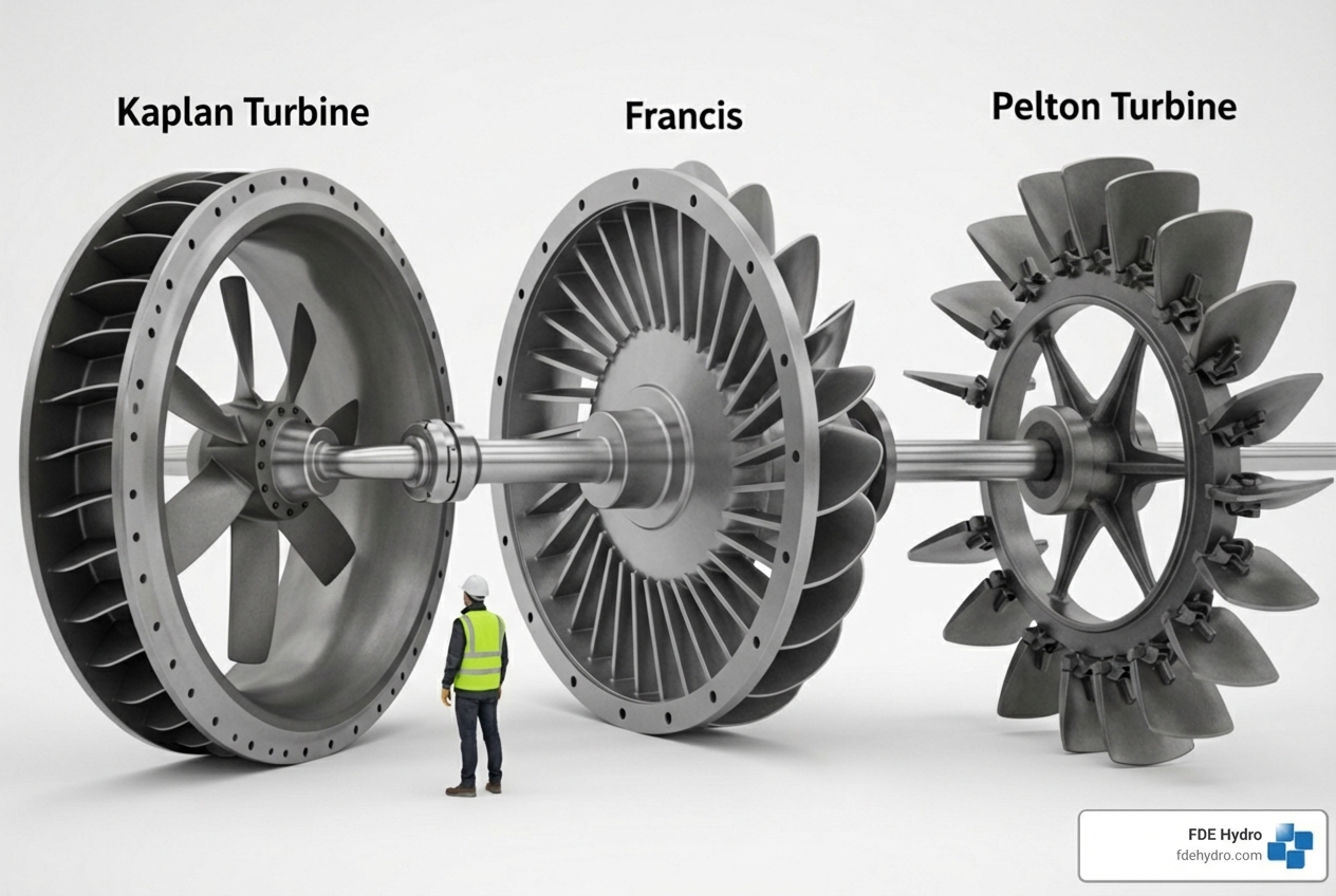 illustrating different modular turbine types such as those offered by FDE Hydro (e.g., Kaplan, Francis, Pelton) - hydro power modules illustrating different modular turbine types such as those offered by FDE Hydro (e.g., Kaplan, Francis, Pelton) - hydro power modules