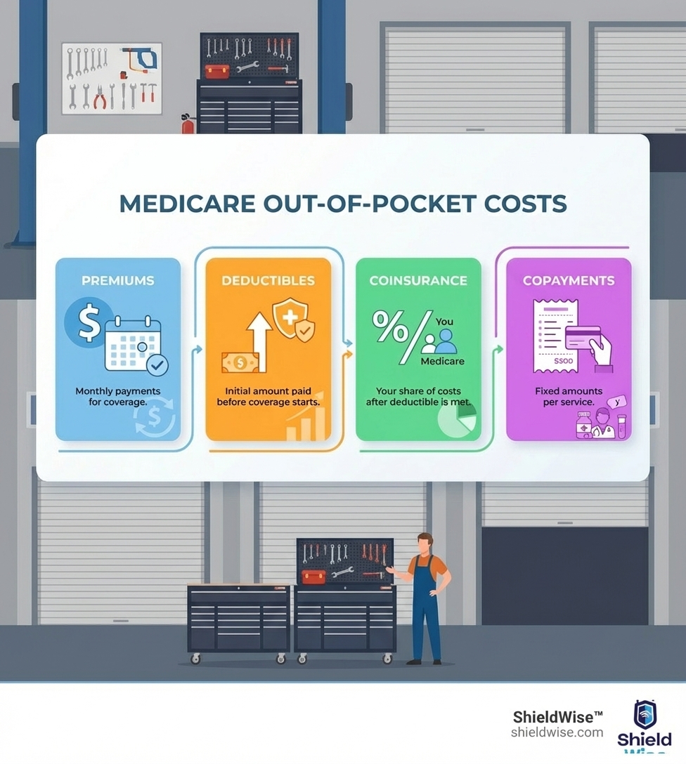 Infographic showing four boxes labeled Medicare Out-of-Pocket Costs: Box 1 shows Premiums with dollar sign and calendar icon indicating monthly payments; Box 2 shows Deductibles with upward arrow showing initial amount before coverage starts; Box 3 shows Coinsurance with percentage symbol showing your share after deductible is met; Box 4 shows Copayments with receipt icon showing fixed amounts per service - medicare out of pocket costs guide infographic Infographic showing four boxes labeled Medicare Out-of-Pocket Costs: Box 1 shows Premiums with dollar sign and calendar icon indicating monthly payments; Box 2 shows Deductibles with upward arrow showing initial amount before coverage starts; Box 3 shows Coinsurance with percentage symbol showing your share after deductible is met; Box 4 shows Copayments with receipt icon showing fixed amounts per service - medicare out of pocket costs guide infographic