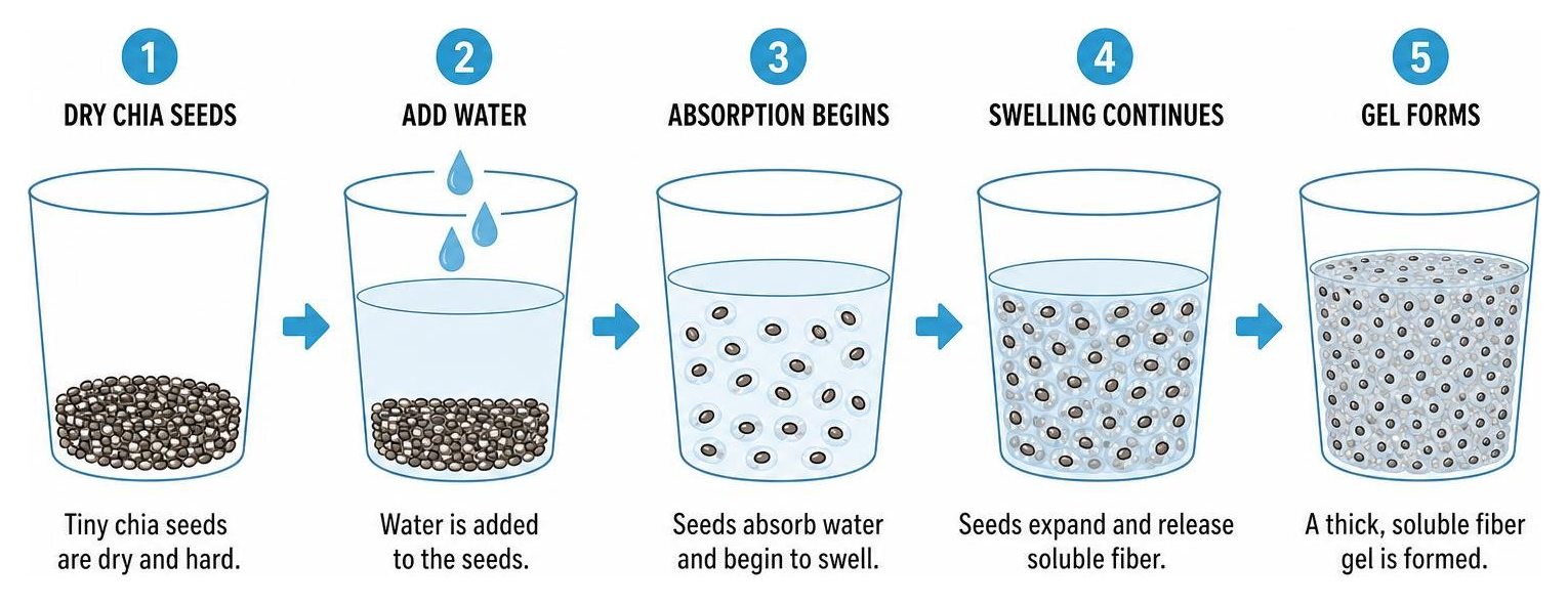 diagram showing the process of chia seeds absorbing water and forming a soluble fiber gel diagram showing the process of chia seeds absorbing water and forming a soluble fiber gel