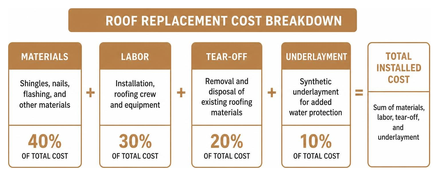 Roof replacement cost breakdown diagram showing materials labor tear off and underlayment Roof replacement cost breakdown diagram showing materials labor tear off and underlayment