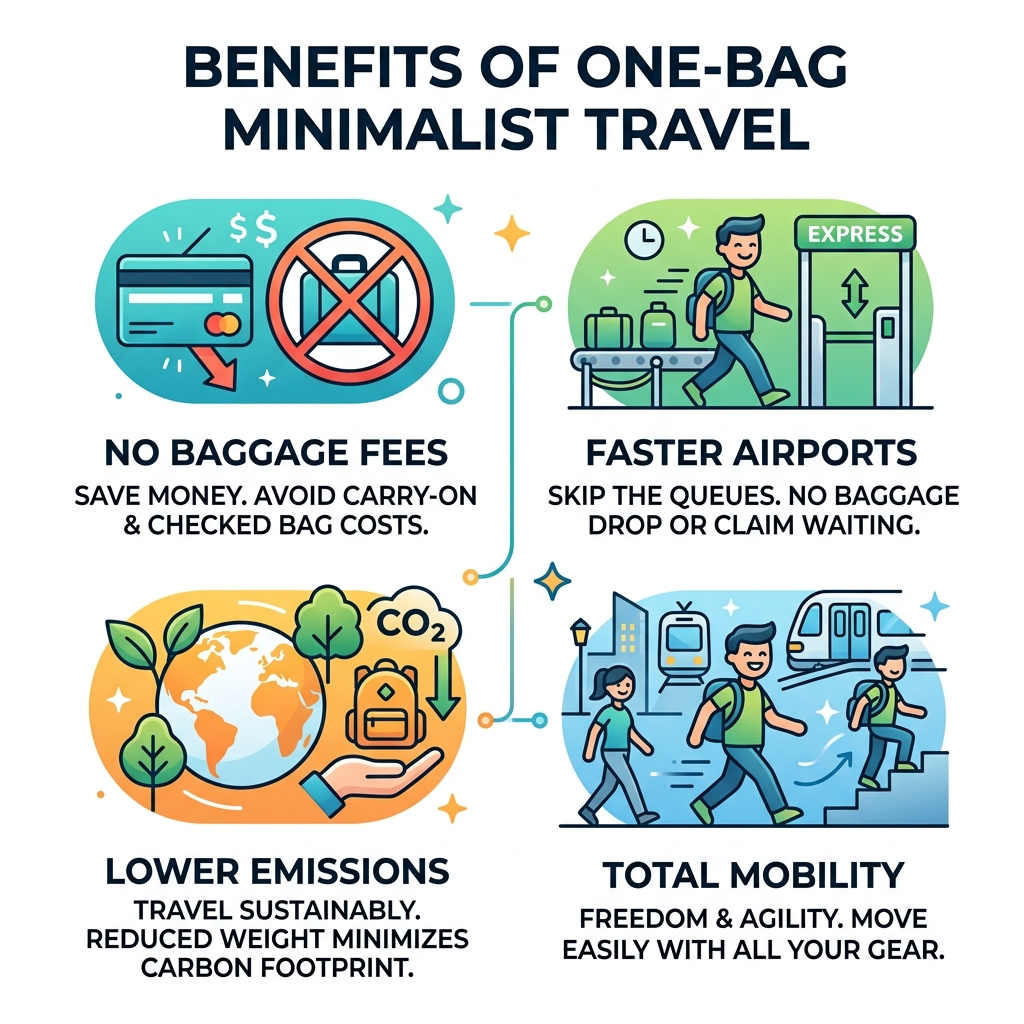 Benefits of one-bag minimalist travel: no baggage fees, faster airports, lower emissions, total mobility - minimalist travel