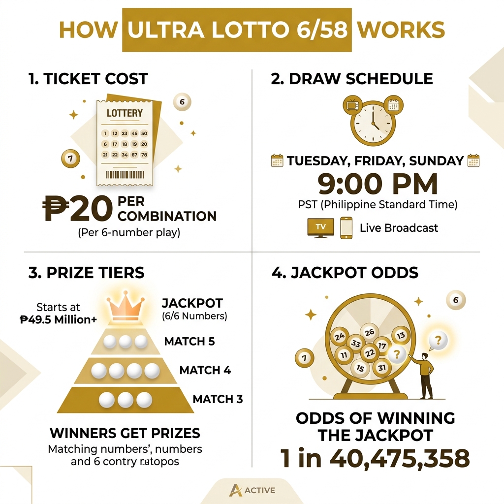 Infographic showing how Ultra Lotto 6/58 works: ticket cost, draw schedule, prize tiers, and jackpot odds - ultra lotto Infographic showing how Ultra Lotto 6/58 works: ticket cost, draw schedule, prize tiers, and jackpot odds - ultra lotto