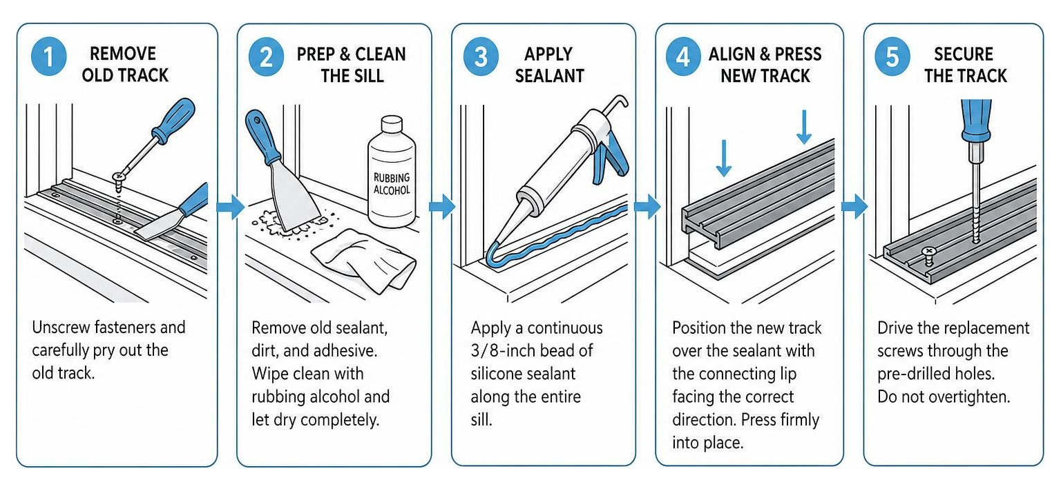 Step-by-step process diagram of removing, preparing, sealing, and installing a new sliding door track