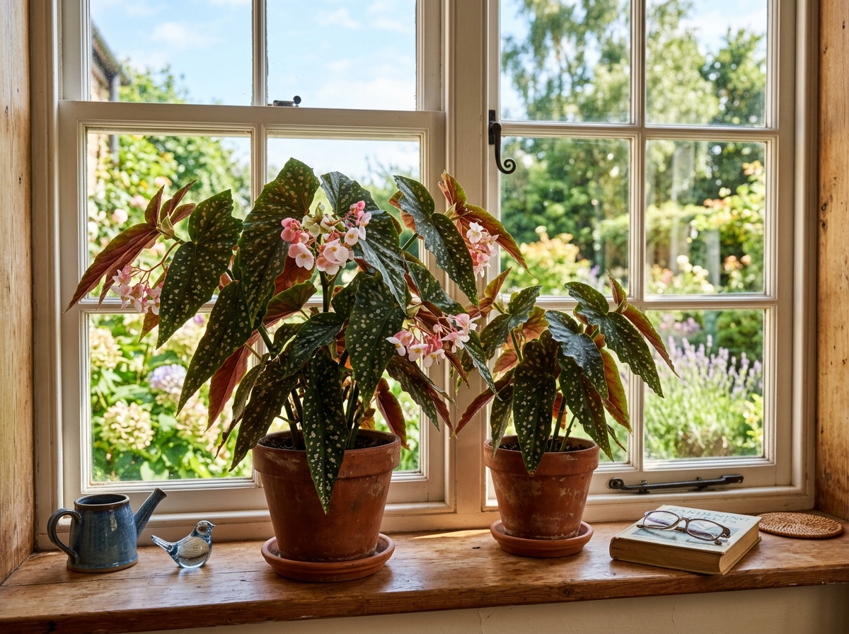 Angel Wing Begonias on a sunny windowsill - begonia care indoor
