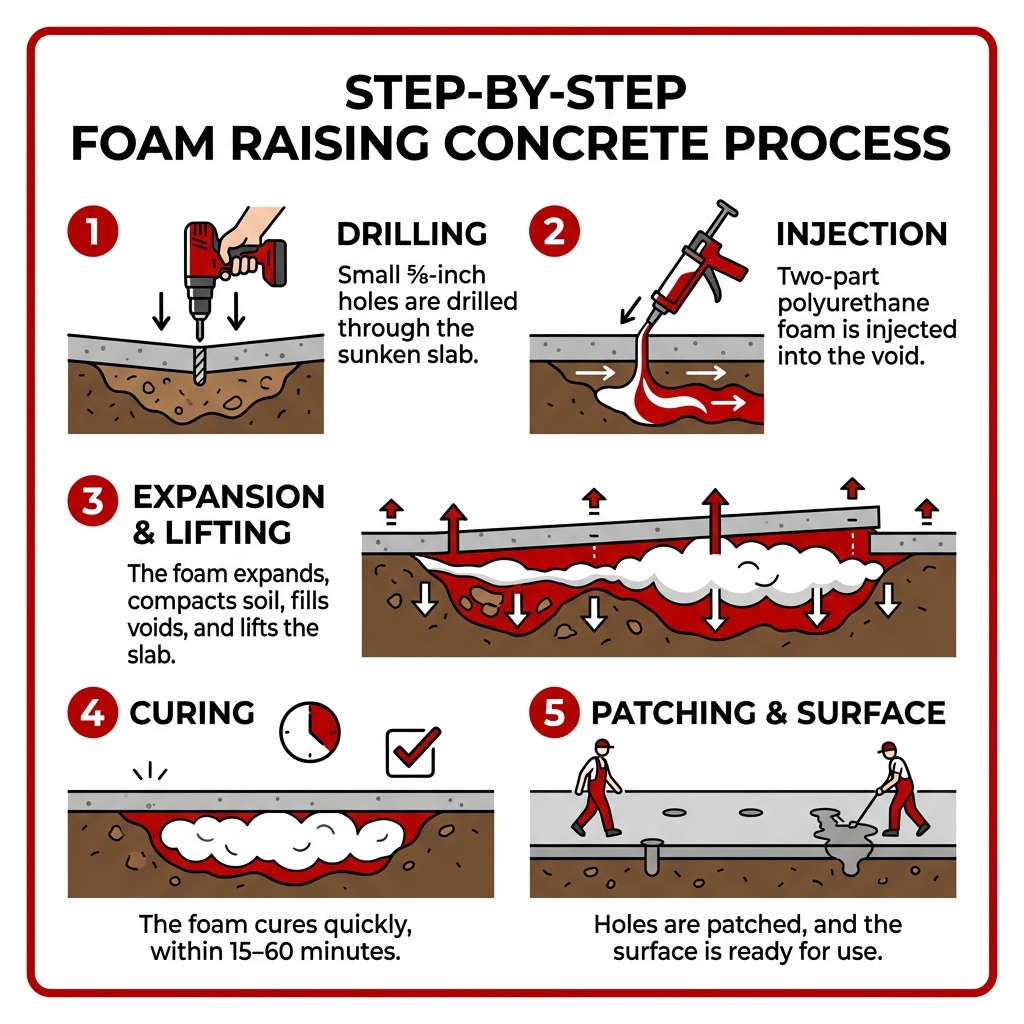 Step-by-step infographic of the foam raising concrete injection process from drilling to curing - foam raising concrete Step-by-step infographic of the foam raising concrete injection process from drilling to curing - foam raising concrete