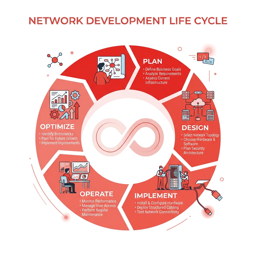 Infographic showing the Network Development Life Cycle stages: Plan, Design, Implement, Operate, Optimize with key actions