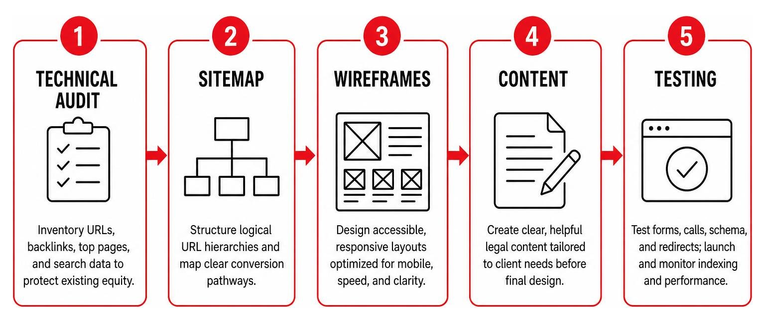 Website redesign sequence: technical audit, sitemap, wireframes, content, testing