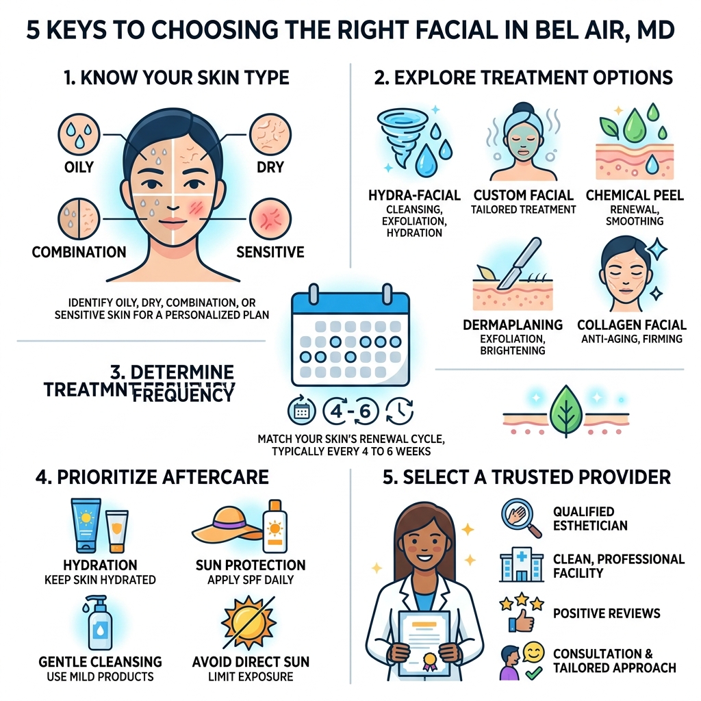 5 keys to choosing the right facial in Bel Air MD infographic showing skin type matching, treatment options, frequency 5 keys to choosing the right facial in Bel Air MD infographic showing skin type matching, treatment options, frequency