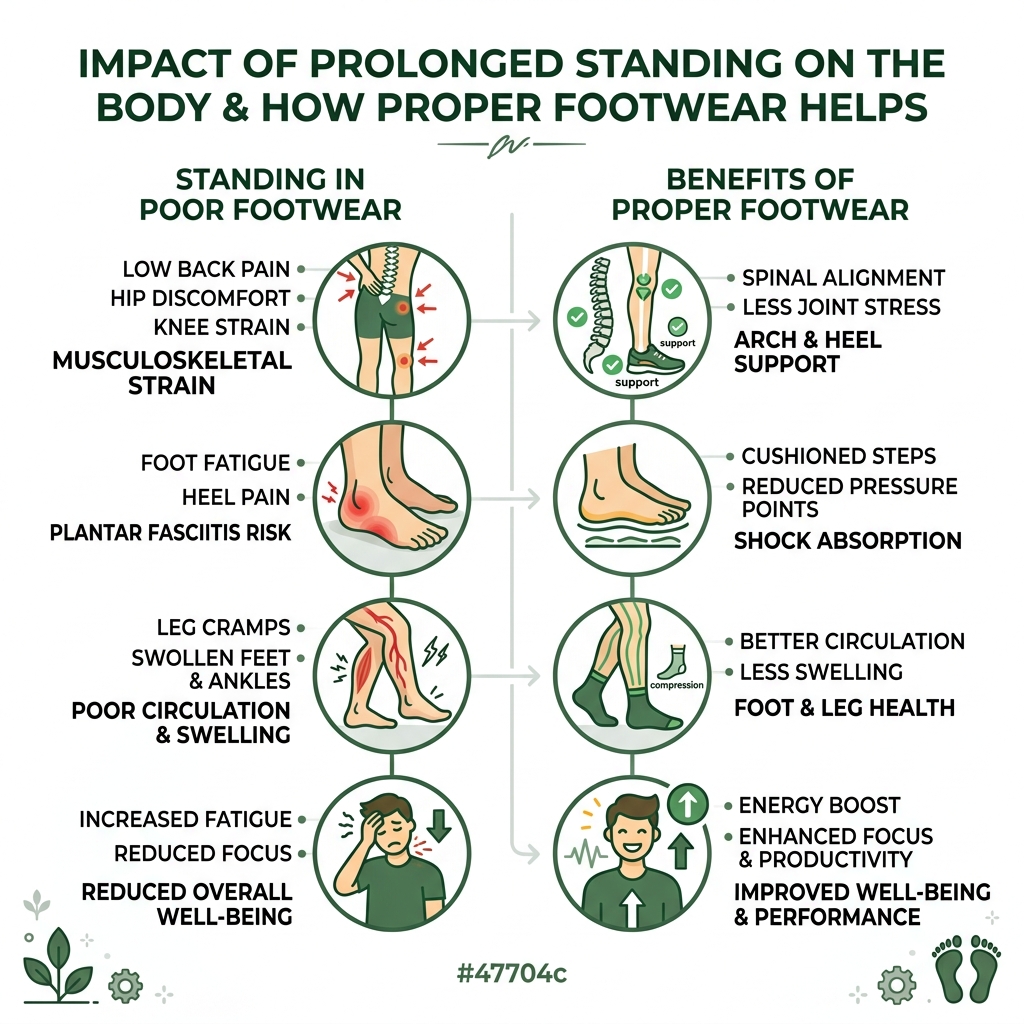 infographic showing the impact of prolonged standing on the body and how proper footwear helps - best comfortable shoes for infographic showing the impact of prolonged standing on the body and how proper footwear helps - best comfortable shoes for